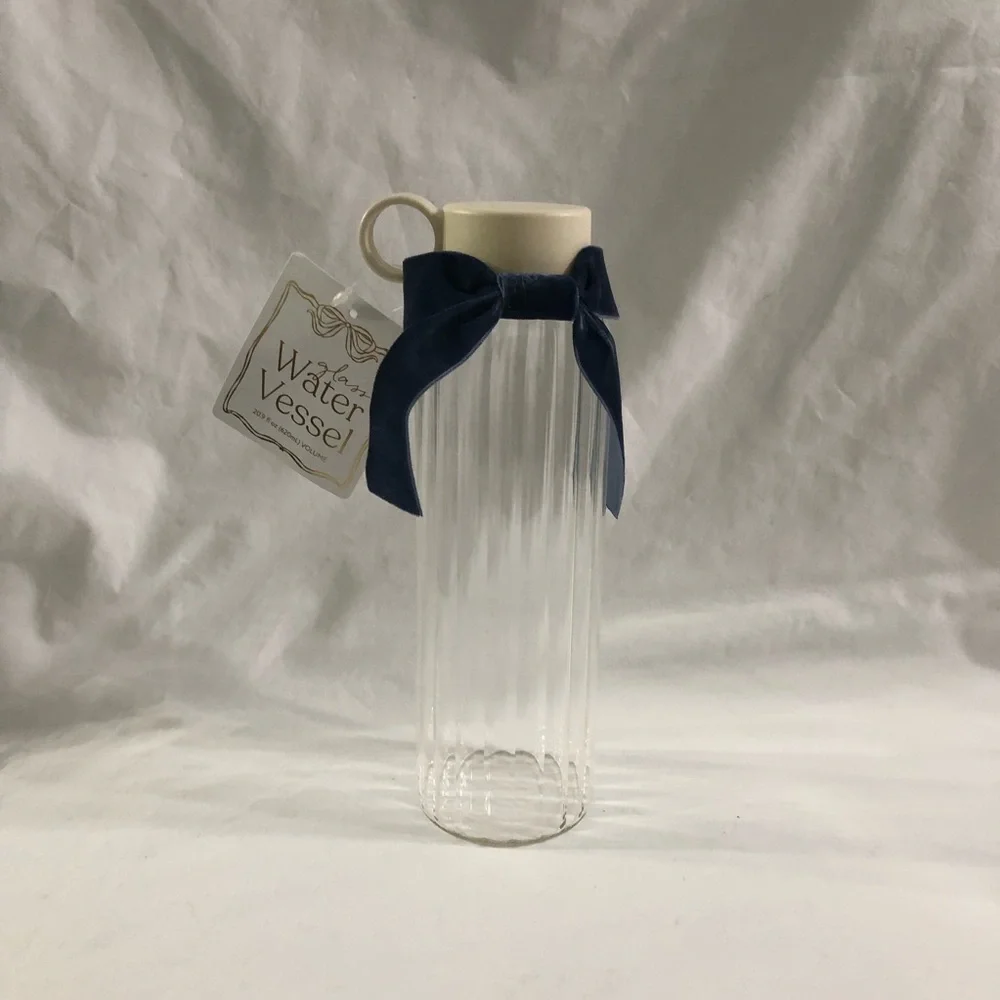 Glass Water Vessel with Cream Top and Navy Bow. 20.9 oz
